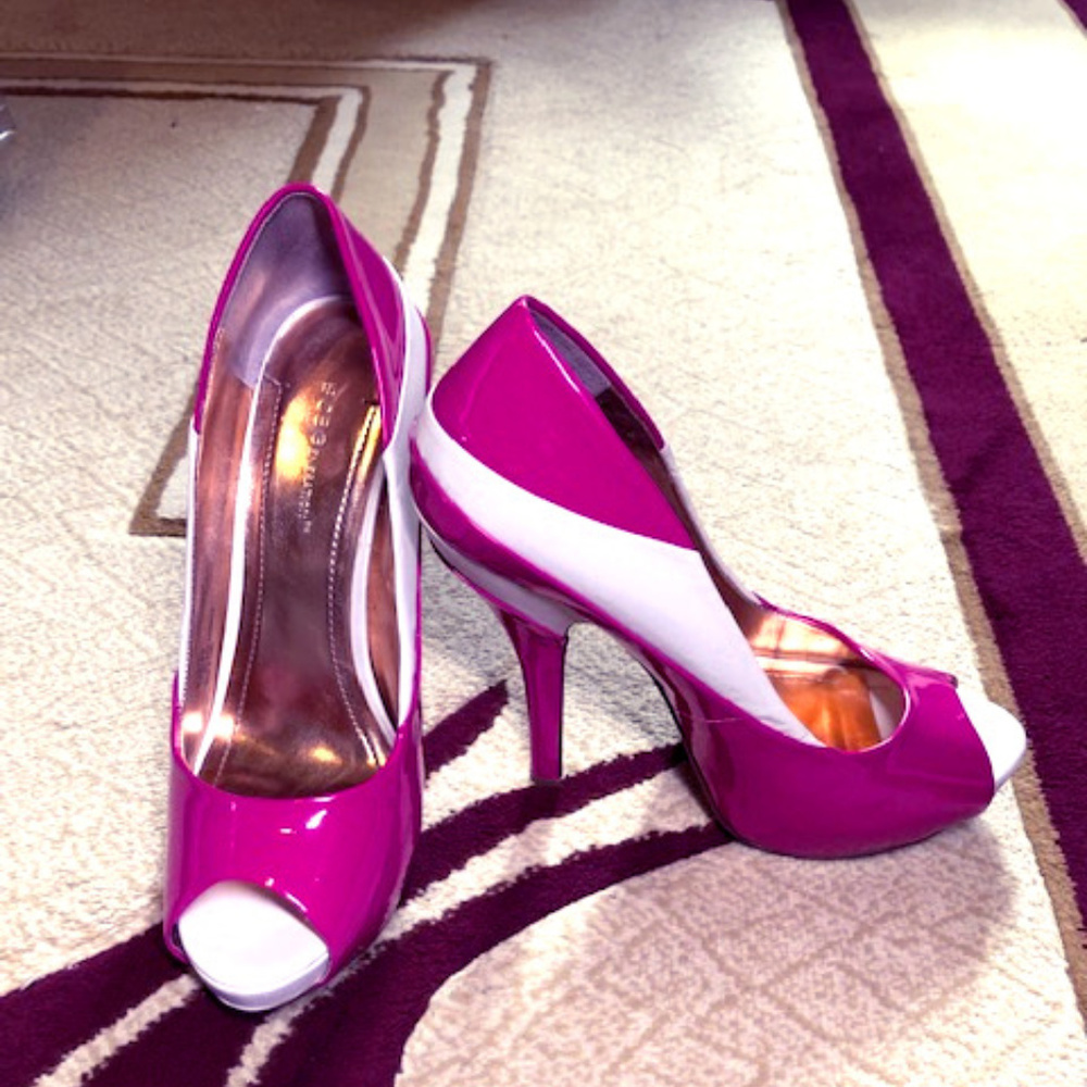 BCBG Pink and White Platform Peep Toe Heels